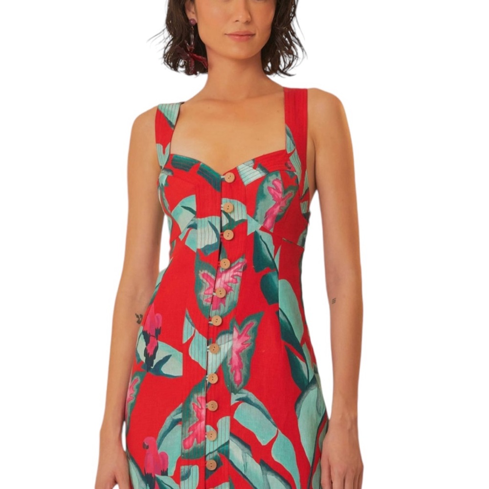Farm Rio Red Summer Foliage Mini Dress Woman’s Size Small 100% Linen Tropical